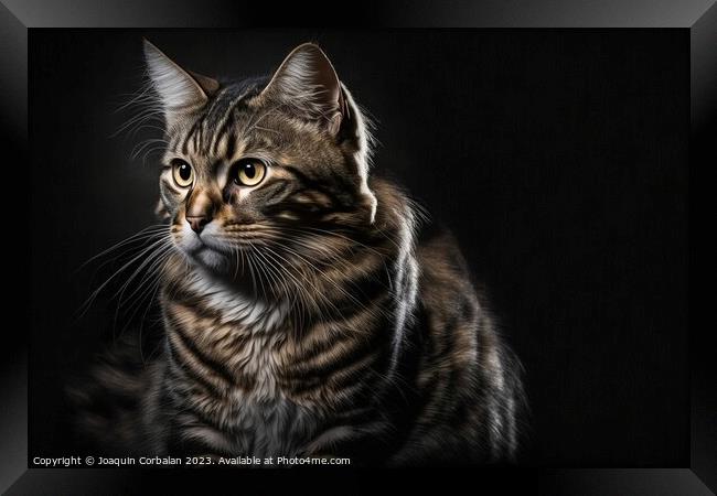 Portrait of a furry, calm cat posing on a black ba Framed Print by Joaquin Corbalan