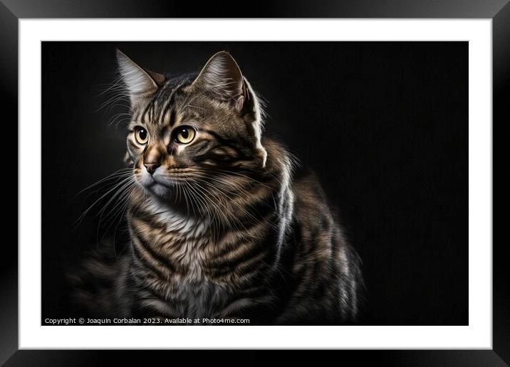 Portrait of a furry, calm cat posing on a black ba Framed Mounted Print by Joaquin Corbalan