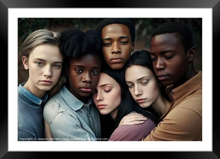 Group portrait of serene embracing multiracial young people. AI  Framed Mounted Print by Joaquin Corbalan
