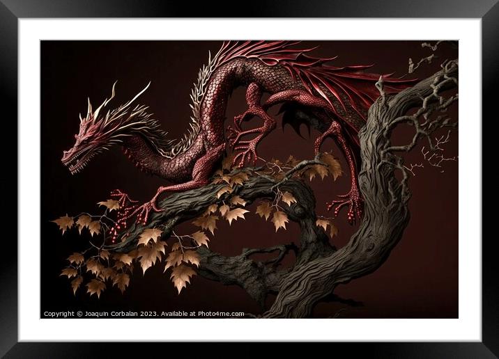 An Asian dragon, elongated snake-like and scaly, isolated on bac Framed Mounted Print by Joaquin Corbalan