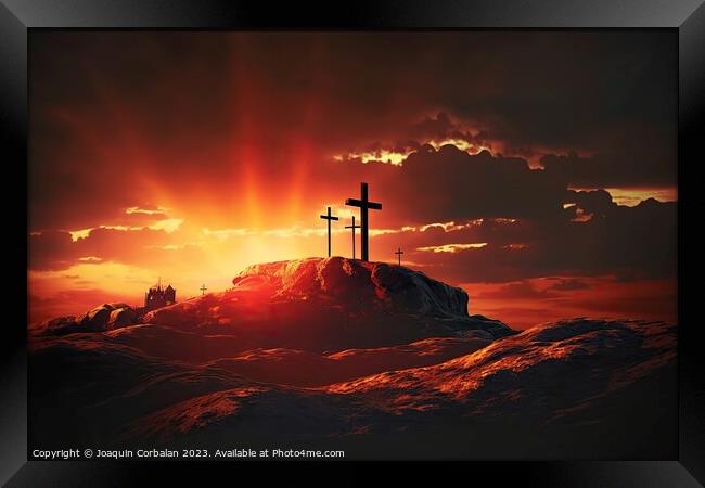 A lone Catholic cross on top of a hill with glowing heavenly ray Framed Print by Joaquin Corbalan