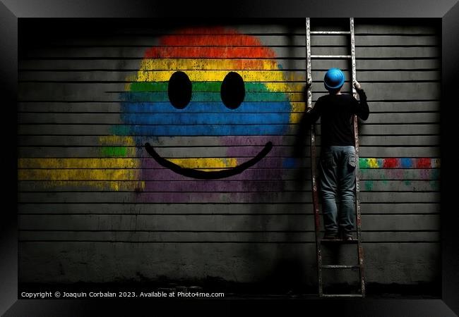 A worker on a ladder paints a smiley face on a wall. Ai generate Framed Print by Joaquin Corbalan
