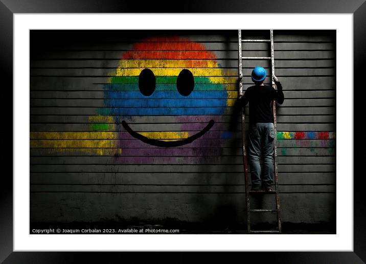 A worker on a ladder paints a smiley face on a wall. Ai generate Framed Mounted Print by Joaquin Corbalan