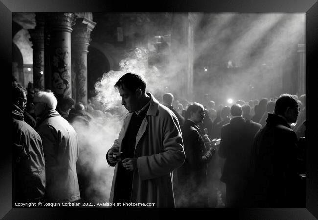 Documentary street photography of men gathered in a church squar Framed Print by Joaquin Corbalan