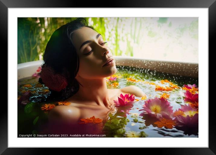 Portrait of a pretty young girl relaxing in a bath Framed Mounted Print by Joaquin Corbalan