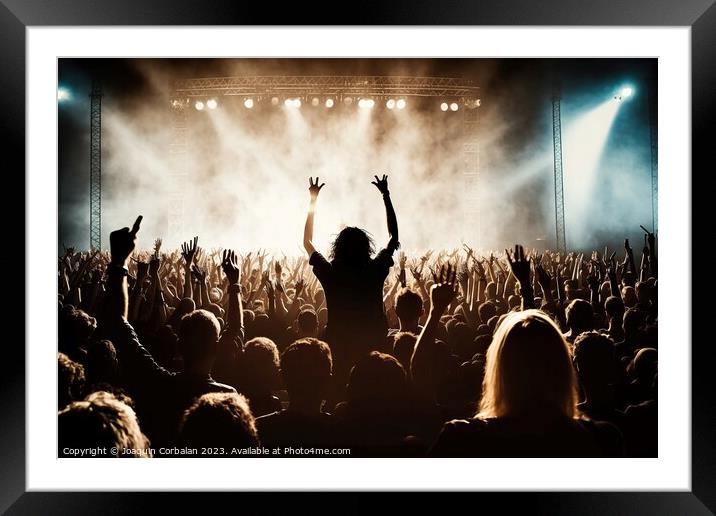 A crowd at a lively rock concert applauding the group on stage.  Framed Mounted Print by Joaquin Corbalan