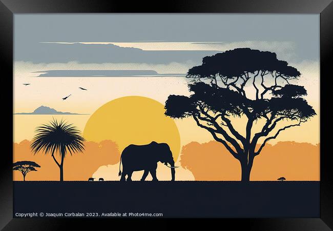 Illustration of sunset in the savannah, silhouette Framed Print by Joaquin Corbalan