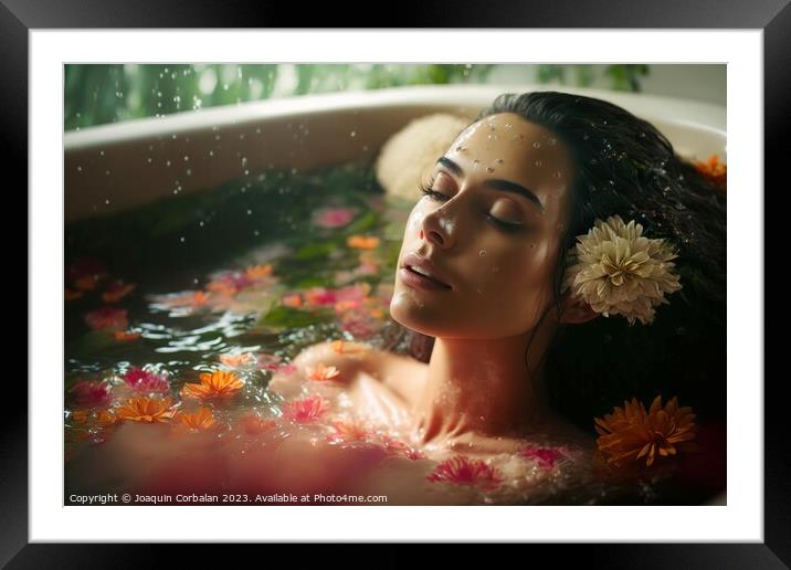 A beautiful young woman enjoys a relaxing floral bath to de-stre Framed Mounted Print by Joaquin Corbalan