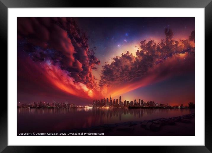 Spectacular night starry sky over a big city, imaginative illust Framed Mounted Print by Joaquin Corbalan