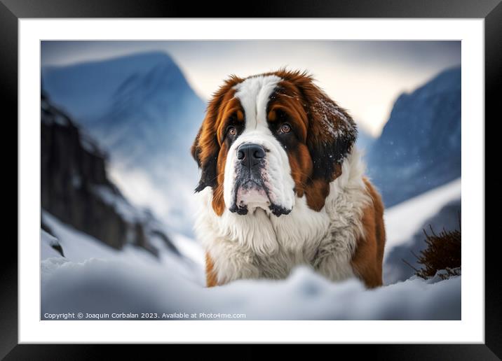 A Saint Bernard dog on the snow. Ai generated. Framed Mounted Print by Joaquin Corbalan