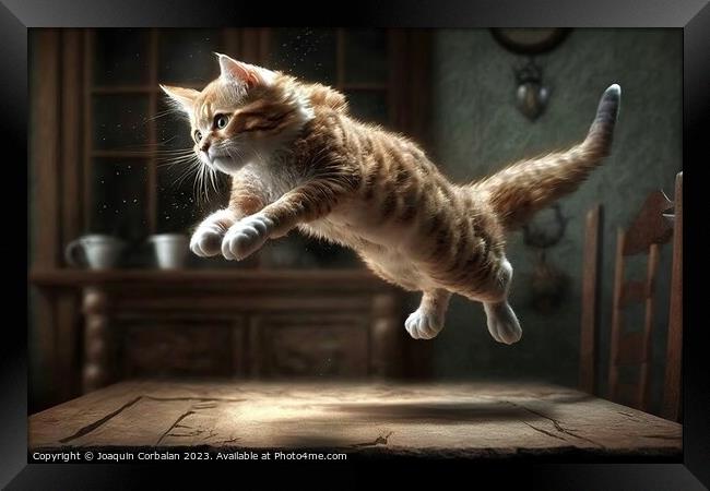 Kitten jumping in the air inside a house. Ai gener Framed Print by Joaquin Corbalan