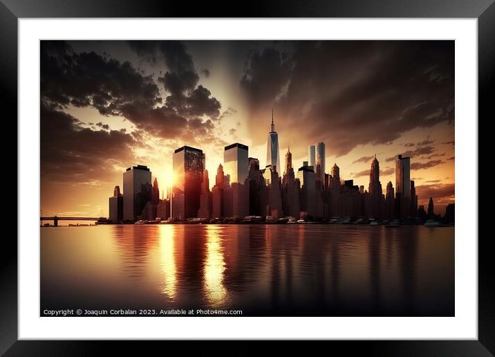 Spectacular panorama of a big city with skyscrapers at dusk, mod Framed Mounted Print by Joaquin Corbalan