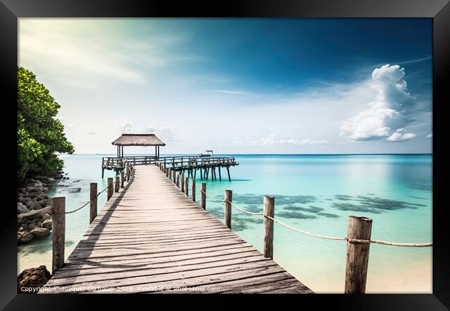 Quiet jetty on a paradisiacal beach overlooking the ocean, with  Framed Print by Joaquin Corbalan