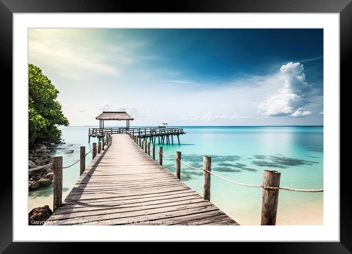 Quiet jetty on a paradisiacal beach overlooking the ocean, with  Framed Mounted Print by Joaquin Corbalan
