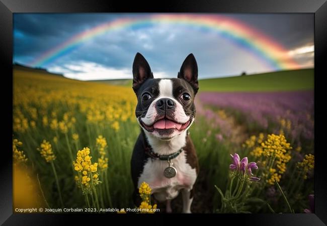 A dog breed Boston Terrier in a meadow. Ai generat Framed Print by Joaquin Corbalan