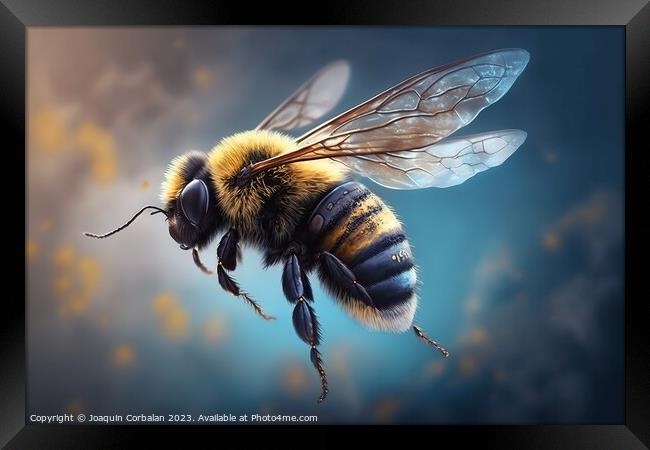 Close-up of a flying bee, blurred and colorful background. Ai ge Framed Print by Joaquin Corbalan