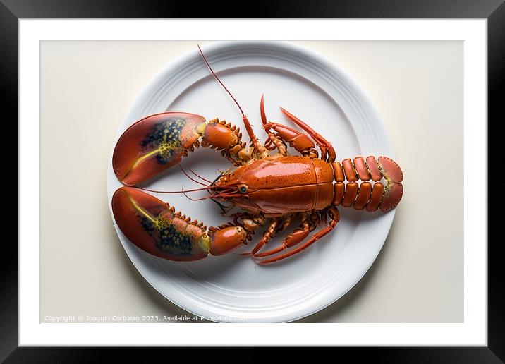 Dish with a single boiled lobster, viewed from above, white lumi Framed Mounted Print by Joaquin Corbalan