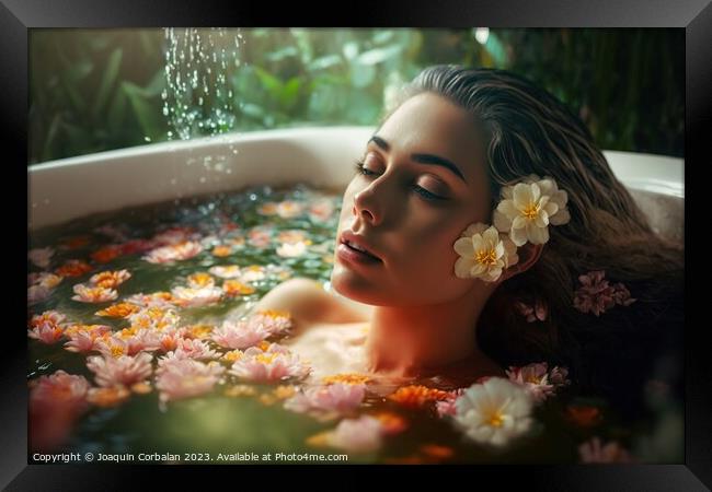 Portrait of a pretty young girl relaxing in a bathtub among natu Framed Print by Joaquin Corbalan