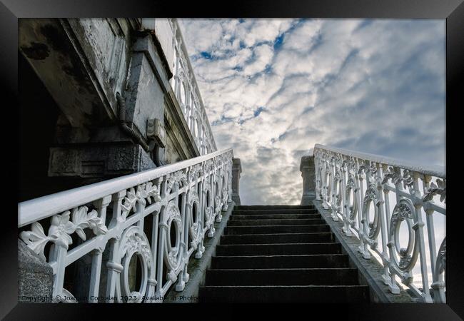 Ancient decorated staircase with beautiful handrails goes up tow Framed Print by Joaquin Corbalan