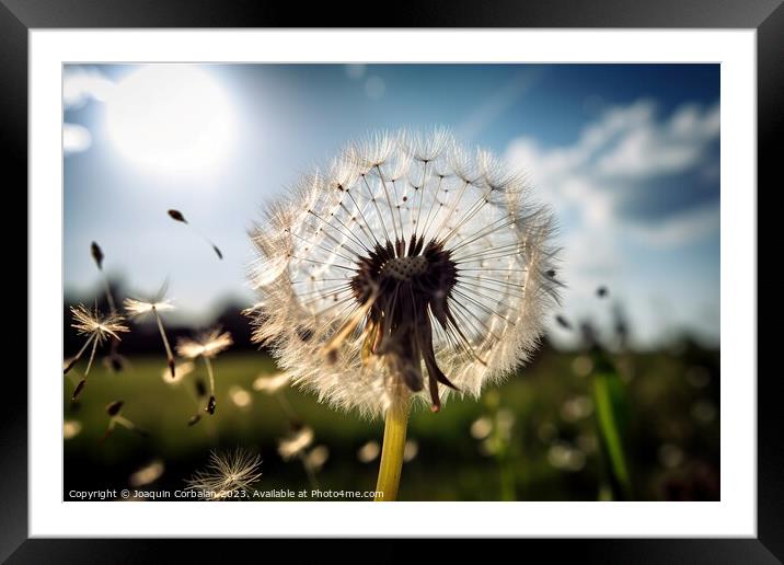 A vibrant yellow dandelion stands tall in a lush green field, sw Framed Mounted Print by Joaquin Corbalan