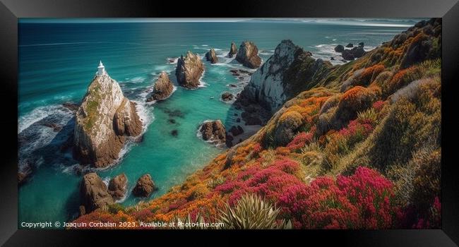 The rugged coastline of Nugget Point in Otago, where the vast ex Framed Print by Joaquin Corbalan