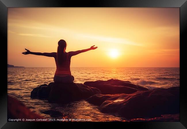 Woman  doing yoga on the coast during sunset. Ai generated. Framed Print by Joaquin Corbalan