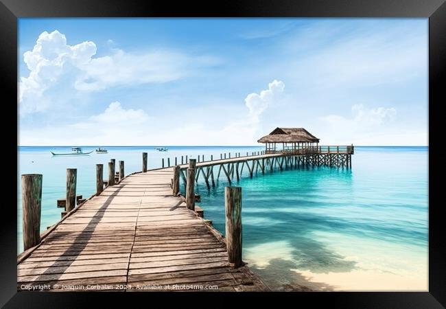 Paradisiacal view of a pier on an island in the pacific tropics. Framed Print by Joaquin Corbalan