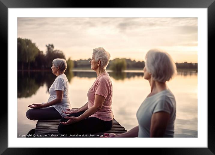 Three senior women, retired, practice yoga cross-legged in front Framed Mounted Print by Joaquin Corbalan