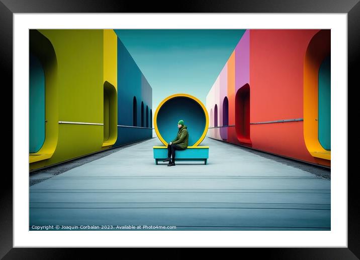 Concept of incongruous loneliness, people alone in a colorful se Framed Mounted Print by Joaquin Corbalan
