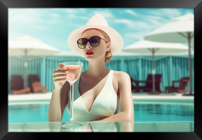 Vintage style woman, with a very elegant swimsuit and hat, has a Framed Print by Joaquin Corbalan