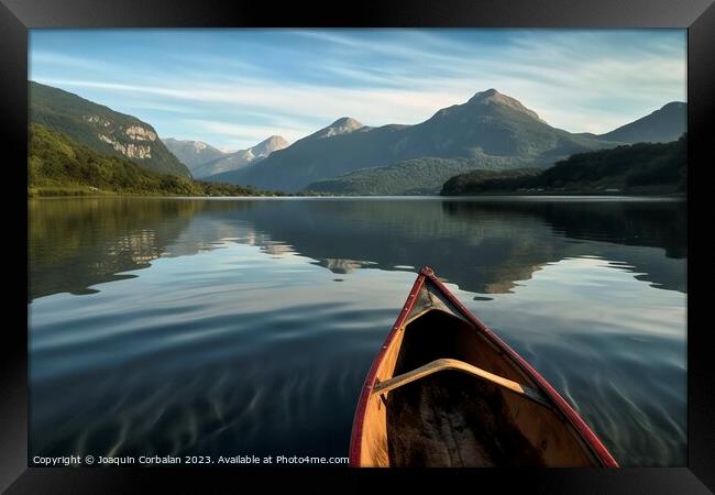 A relaxing canoe ride on the calm waters of a mountain lake, an  Framed Print by Joaquin Corbalan