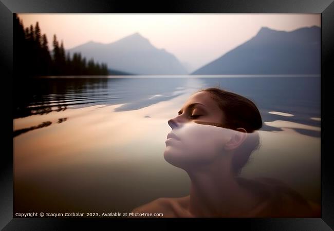 A young girl enjoys a relaxing swim in the lake, at dusk. Ai gen Framed Print by Joaquin Corbalan