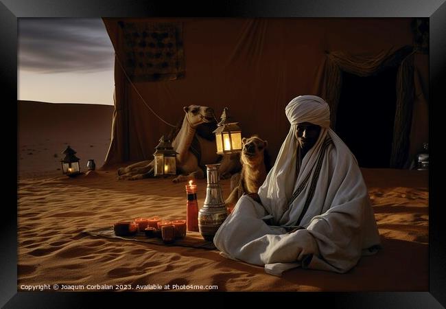 Tuareg rest on the desert sand at dusk. Ai generated. Framed Print by Joaquin Corbalan