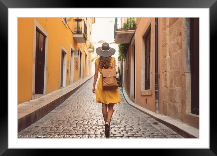 As she strolls down the vibrant, colorful street, the young girl Framed Mounted Print by Joaquin Corbalan