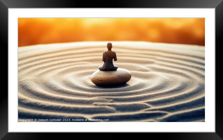 A sculpture with pebbles in a calm lake and a small meditating z Framed Mounted Print by Joaquin Corbalan