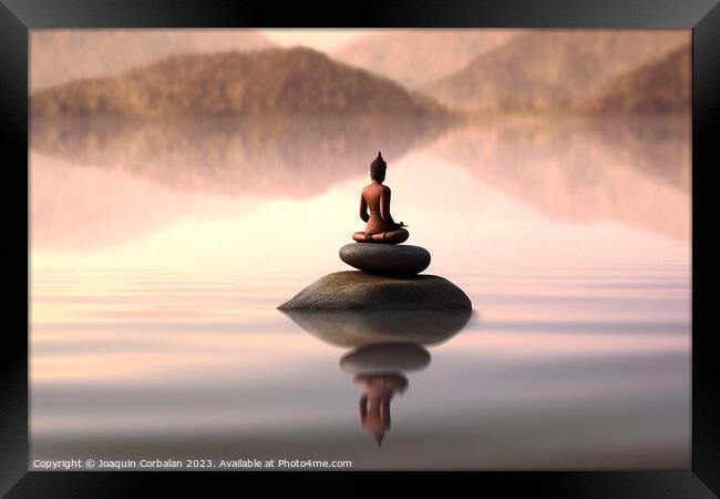 A sculpture with pebbles in a calm lake and a small meditating z Framed Print by Joaquin Corbalan