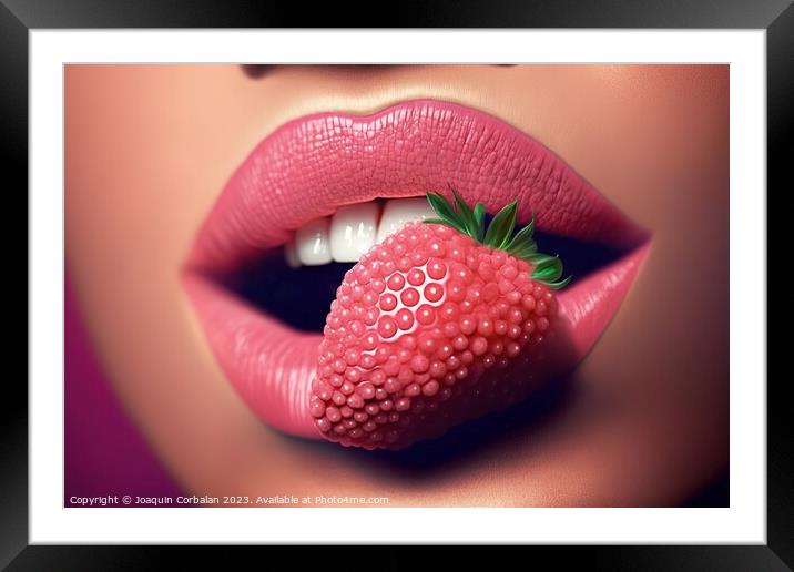 Close-up of a woman's seductive red lips bite a strawberry. Ai g Framed Mounted Print by Joaquin Corbalan