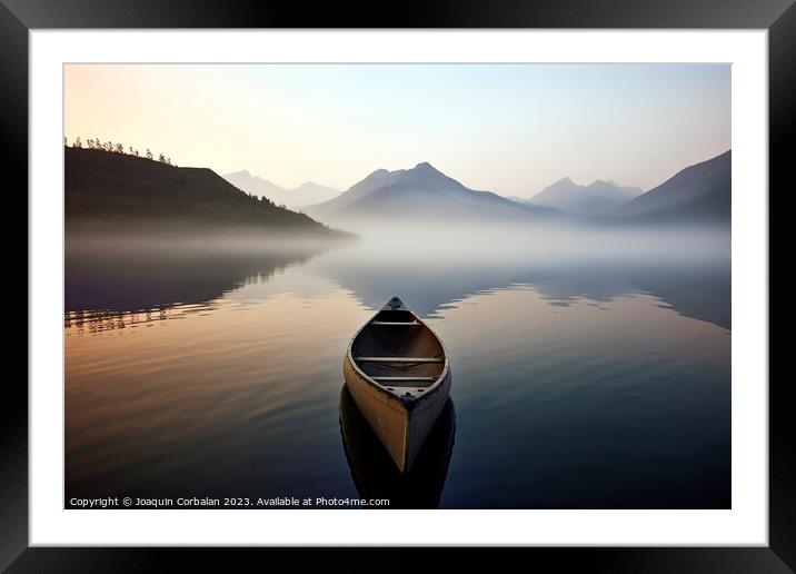 morning mist, a solitary canoe glides upon the tranquil lake. Ai Framed Mounted Print by Joaquin Corbalan