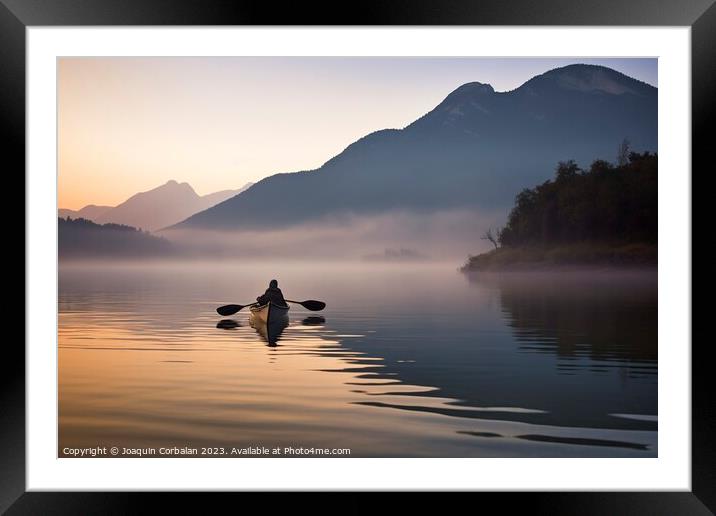 morning mist, a solitary canoe glides upon the tranquil lake. Ai Framed Mounted Print by Joaquin Corbalan