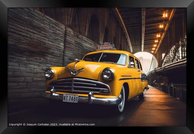 A retro New York taxi still drives through the streets of the ci Framed Print by Joaquin Corbalan