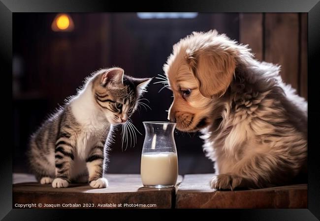 camaraderie, the cat generously shares its milk wi Framed Print by Joaquin Corbalan
