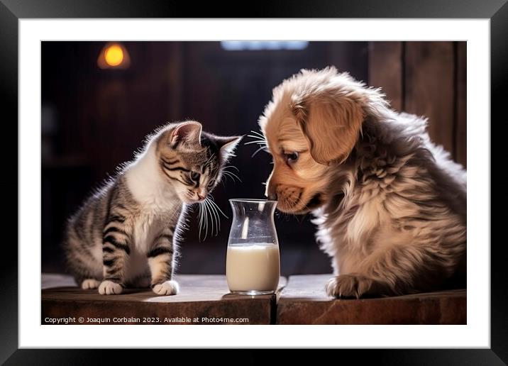 camaraderie, the cat generously shares its milk wi Framed Mounted Print by Joaquin Corbalan