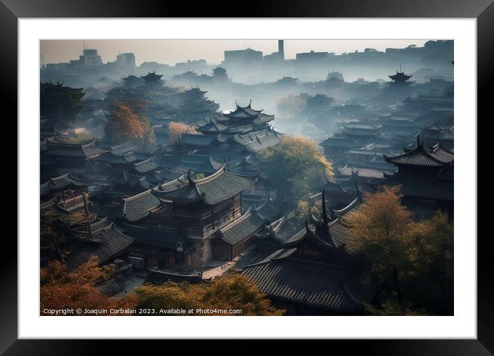 the ancient roofs of a Chinese city awaken in sple Framed Mounted Print by Joaquin Corbalan