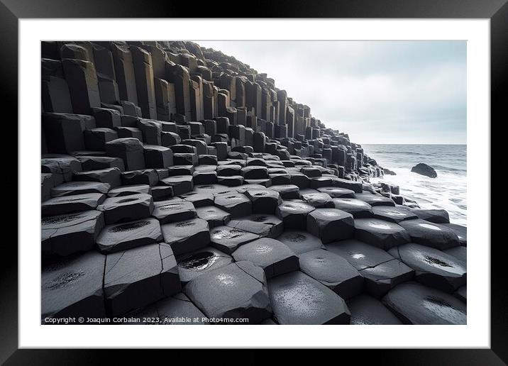 Blocks of black basalt, geometrically shaped rocks on the coast. Framed Mounted Print by Joaquin Corbalan