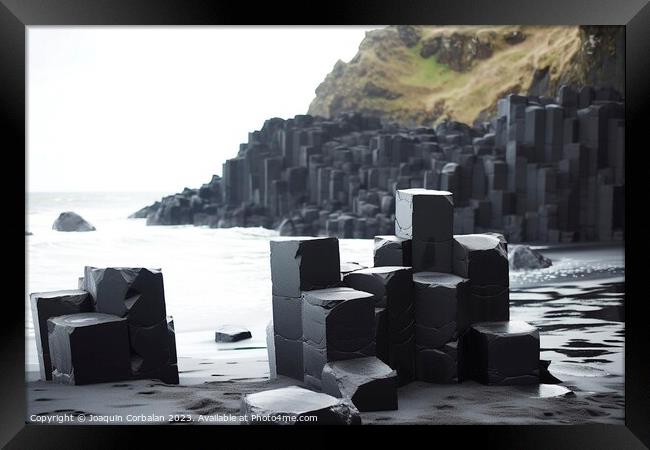 blocks of black basalt stand as striking geometric formations, c Framed Print by Joaquin Corbalan