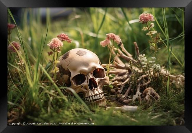 Among the grass of an abandoned orchard, a human skull terrifies Framed Print by Joaquin Corbalan
