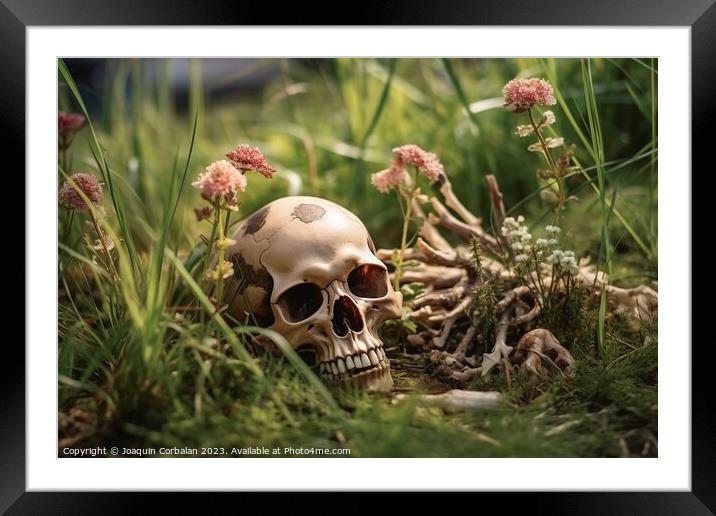 Among the grass of an abandoned orchard, a human skull terrifies Framed Mounted Print by Joaquin Corbalan