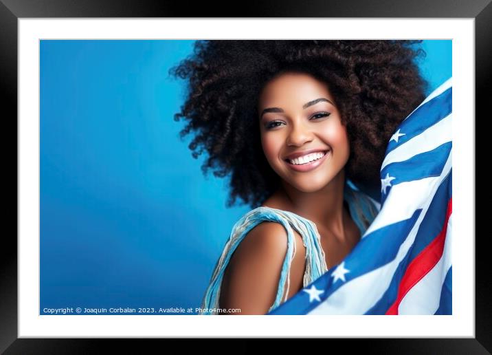 Standing tall and proud, a black woman holds the American flag,  Framed Mounted Print by Joaquin Corbalan