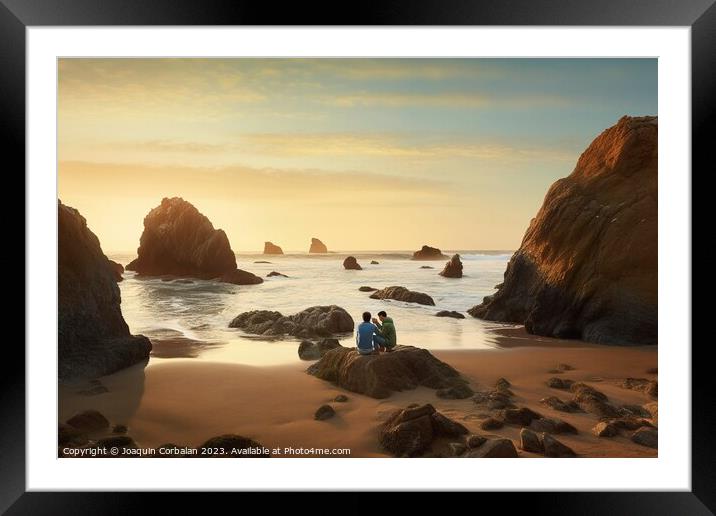 A couple walks among the rocks of a small and hidden beach at da Framed Mounted Print by Joaquin Corbalan