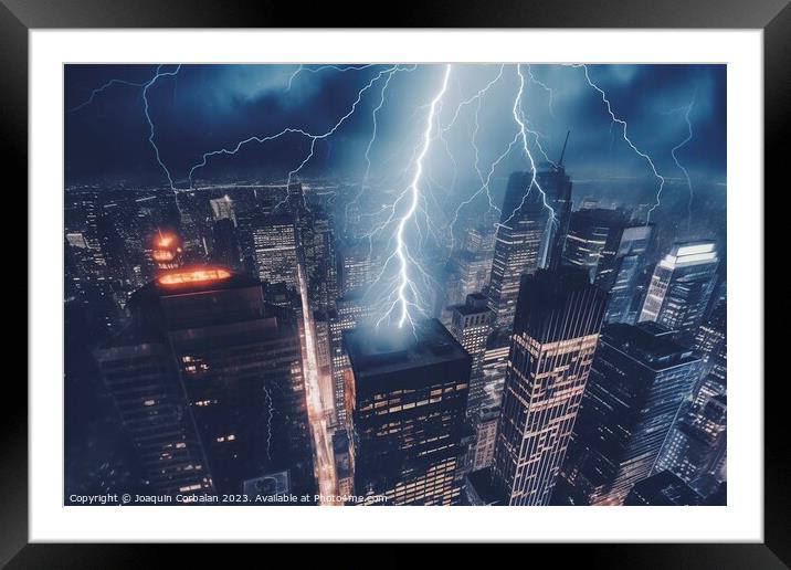 As bolts of lightning illuminate the night sky, a powerful displ Framed Mounted Print by Joaquin Corbalan